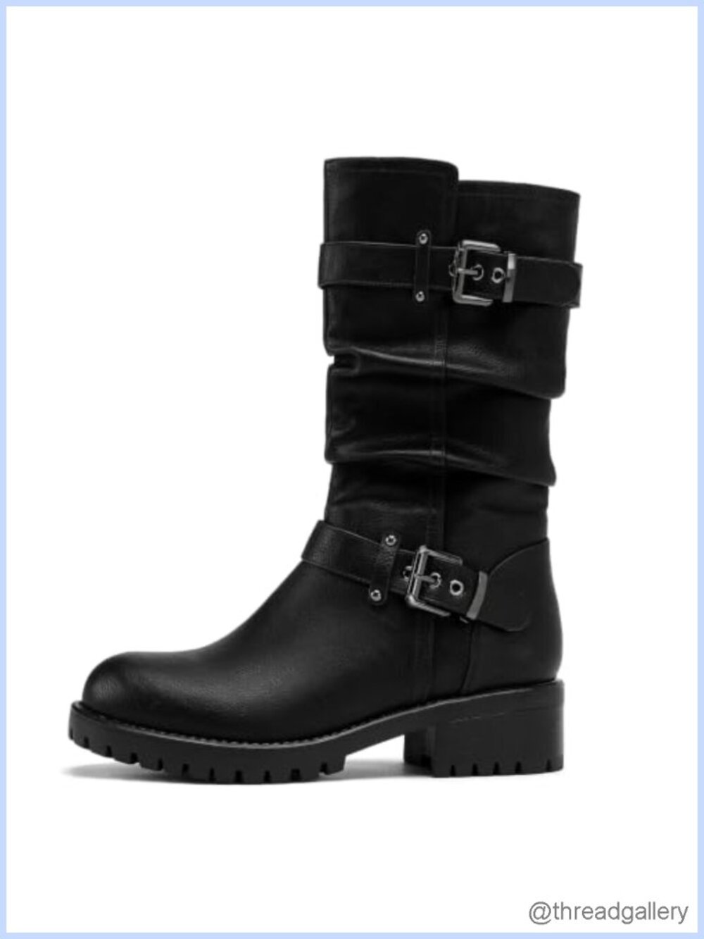 Wide Width Mid Calf Boots Faux Leather Slouch Biker Block Heel Women's